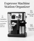 Premium Coffee Station Accessory Organizer Rack Keep Your Home Espresso Setup Slick With Integrated Tamper Hook Portafilter Holder And Spare Basket Side Rack For Pro Vibes, black espresso station organizer with tamper hook.