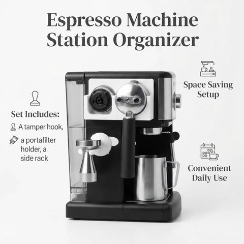 Premium Coffee Station Accessory Organizer Rack Keep Your Home Espresso Setup Slick With Integrated Tamper Hook Portafilter Holder And Spare Basket Side Rack For Pro Vibes, black espresso station organizer with tamper hook.