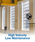 18 Inch Industrial Wall Mount Fan With Pivoting Head For Directional Airflow One Sixth Horsepower Powder Coated Steel Black installed in workshop.