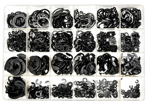 840 Piece C And E Clips Kit With 24 Sizes M2 Through M16 External Retaining Rings In Black Carbon Steel organized in box