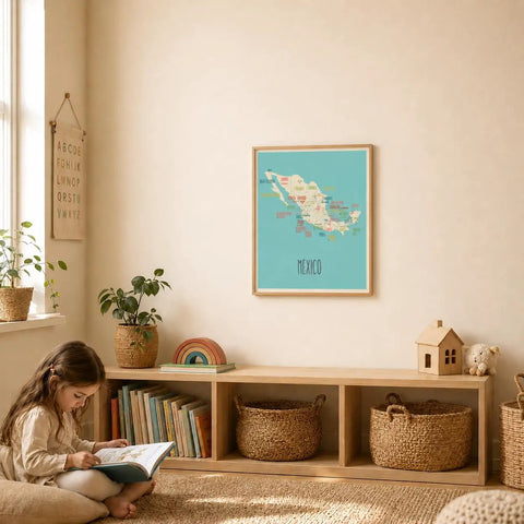 Mexico Map Poster 11x14 Blue Wall Art For Kids And Classrooms, Educational Geography Print on wall in cozy reading nook