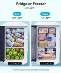 22Qt Portable Car Fridge And Freezer With Dual 12V Dc And 110V Ac Plugs, Compact Rv Cool Box For Road Trips Tailgating Camping, Keeps Your Gear Hella Frosty All Weekend Long interior view with drinks and food items organized.