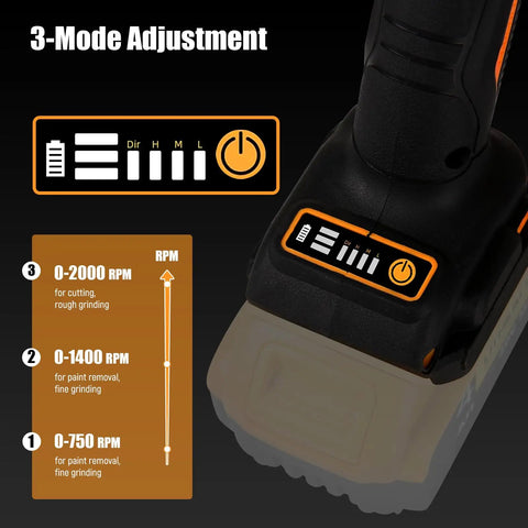 Cordless Four And One Half Inch Angle Grinder With Brushless Motor 8000 RPM Variable Speed control panel showing 3 modes