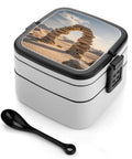 Double Layer Stackable Bento Lunch Box With Spoon Divider And Handle Leak Proof Meal Container For Work Office Picnics And Camping Great For Meal Prep On The Go 450ml Top 550ml Bottom BPA Free PP Reusable with unique lid design.