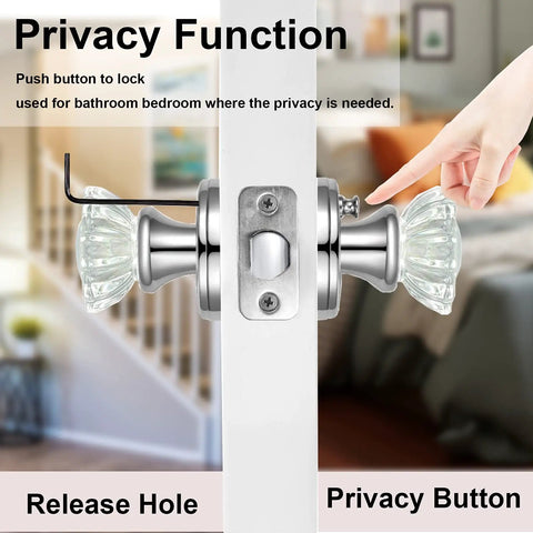 Crystal Glass Privacy Door Knob with Lock in Polished Chrome, clear crystal detail, bedroom or bathroom use
