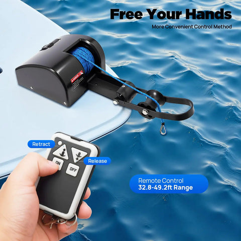 Heavy Duty 12V Marine Electric Anchor Winch With Wireless Remote For Small Boats Up To 24ft with control remote on a boat.