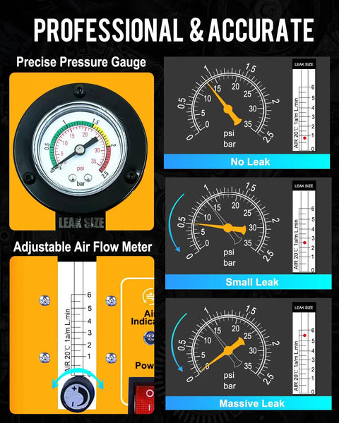 Automotive Smoke Machine With Built In Air Compressor, Pro Level Smoke Leak Detector For Cars showing pressure gauges.