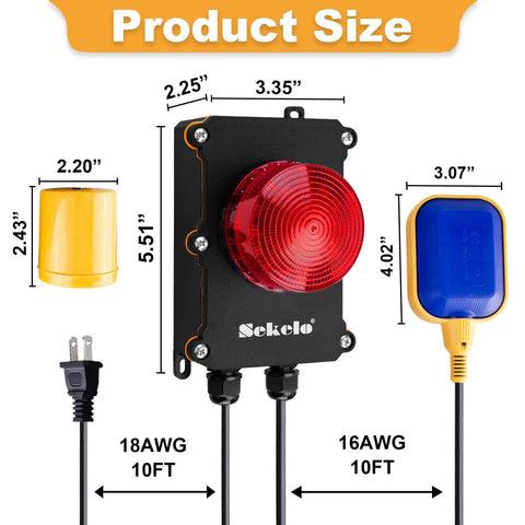 Heavy Duty Sump Pump Alarm High Water Alarm With 10 Foot Float Switch 110 dB Loud Alarm For Basement Flood Prevention Waterproof Sensor Audible Flood Warning Real Time Monitoring Easy Install Home Safety, product size view