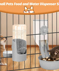 Heavy Duty Gravity Pet Feeder And Automatic Water Dispenser Set That Anchors Firmly To Cage Bars Blocks Spills And Keeps Kibble Dry Solid Daily Setup For Puppies Cats Rabbits And Little Furbabies In Gray, with water bottle and food bowl in cage.