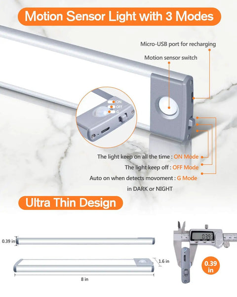 Ultra Thin 30 LED Under Cabinet Lighting With Motion Sensor showing close-up of switch and size details, Pure White 2 Pack