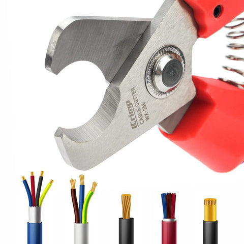 Straight Up Killer Electrician Wire Cutter with steel blades, cutting through various copper and aluminum cables.