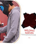 Heavy Duty Welding Arm Sleeves Featuring Flame Resistant Heat Burn Coverage And Flexible Elastic Fit Designed For Mechanics Welders And Tradesmen Demanding Badass Daily Protection worn by a person working at a welding station.