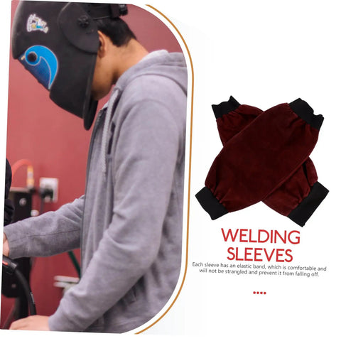 Heavy Duty Welding Arm Sleeves Featuring Flame Resistant Heat Burn Coverage And Flexible Elastic Fit Designed For Mechanics Welders And Tradesmen Demanding Badass Daily Protection worn by a person working at a welding station.