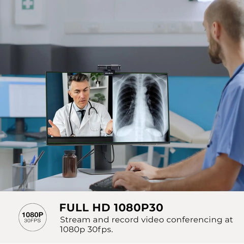 Top Tier 1080P Usb Webcam With Slick Privacy Shutter Dual Onboard Mics For Live Streaming Video Calls Gaming And Remote Hustle Quick Plug And Play Ready Setup in a medical video call setup.