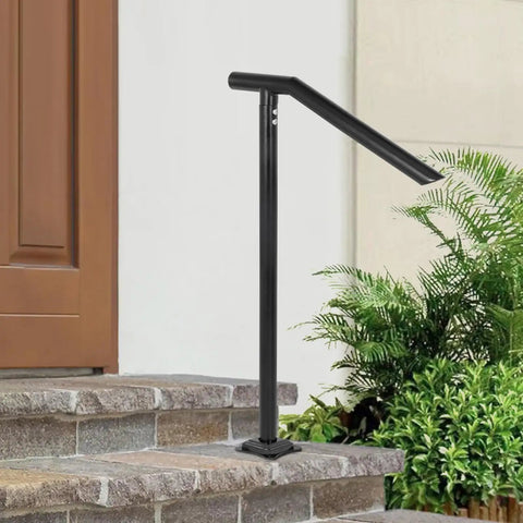 Rock Solid Floor Mounted Stair Handrail For 2 To 3 Steps And 36 Inch Wide Iron Step Railing with Smooth Curve Grip on steps.