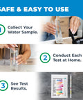 Image showing usage steps for Straight Up Pro 14 In 1 Drinking Water Test Kit for quick lead, bacteria, and nitrate testing.