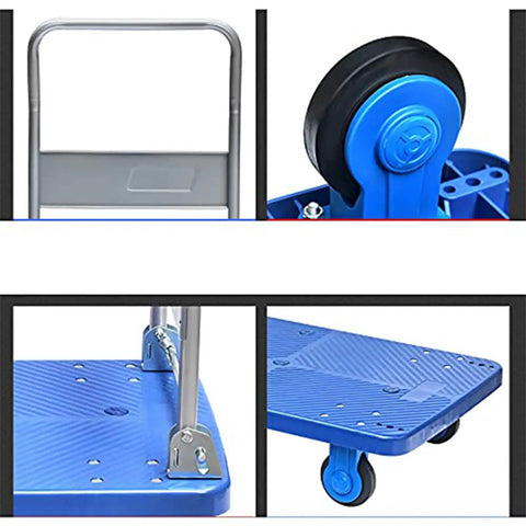 Beast Mode Heavy Duty Platform Cart with foldable hand cart, close-up of blue PVC flatbed and wheels for home and warehouse use