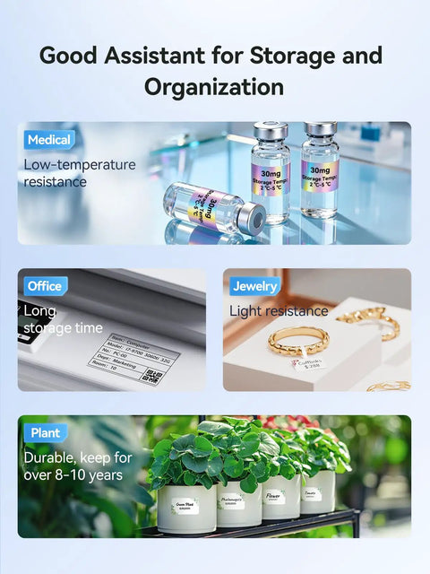 Product uses shown: medical for low-temperature resistance, office for long storage, jewelry for light resistance, plant for durability.