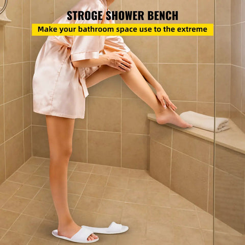 Person using corner shower bench in a tiled bathroom. Ready To Tile Tile Shower Seat Corner Bench Waterproof Leak Proof Tileable.