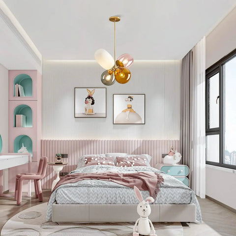 Modern Colorful Glass Pendant Lights With Gold Globe Finish in a pastel kids' room, featuring pink, orange, white, smoke gray shades.