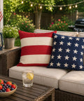 All American Patriotic Stars And Stripes Outdoor Pillow Set Of 2, Premium 14x14 Cotton Throw Pillows on patio furniture