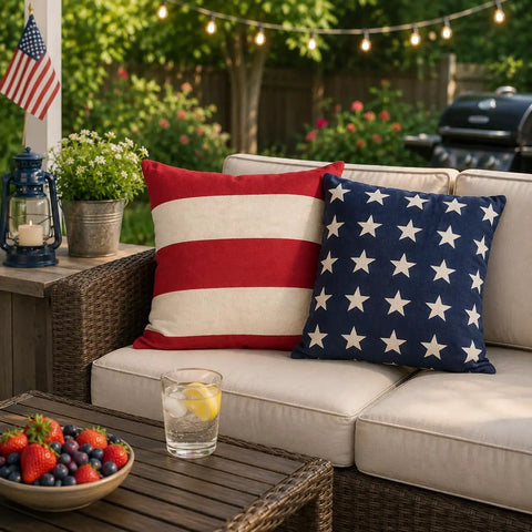 All American Patriotic Stars And Stripes Outdoor Pillow Set Of 2, Premium 14x14 Cotton Throw Pillows on patio furniture