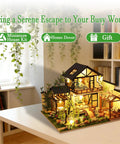 DIY Miniature House Kit With LED Lights, Wooden Dollhouse Craft Kit For Adults And Teens, displayed in a cozy bamboo garden setting.