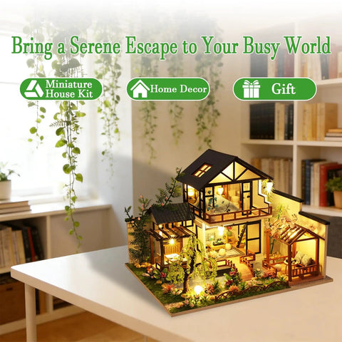 DIY Miniature House Kit With LED Lights, Wooden Dollhouse Craft Kit For Adults And Teens, displayed in a cozy bamboo garden setting.