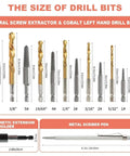 14-piece screw extractor and left-hand drill bit set with cobalt HSS steel bits, magnetic holder and metal scriber pen