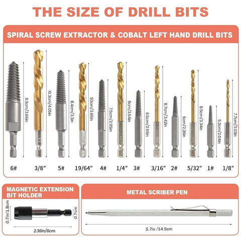 14-piece screw extractor and left-hand drill bit set with cobalt HSS steel bits, magnetic holder and metal scriber pen