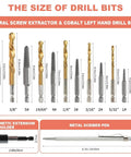 Various sizes of left-hand drill bit and screw extractor set displayed with measurement details for auto garage workshop.