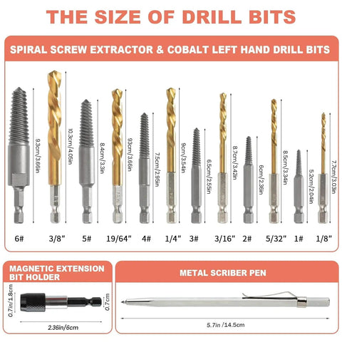 Various sizes of left-hand drill bit and screw extractor set displayed with measurement details for auto garage workshop.