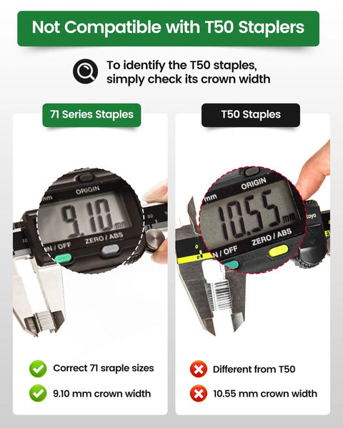 71 Series Galvanized Upholstery Staples measuring 9.10mm crown width, compared to T50 Staples measuring 10.55mm.