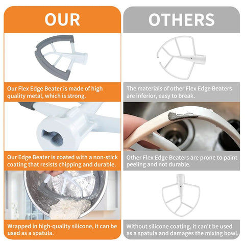 Comparison chart of our Flex Edge Beater For 4.5 To 5 Qt Tilt Head Stand Mixers with flat paddle and others' flex edge beaters.