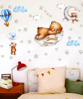 Moon And Stars Sleeping Bear Wall Stickers Set For Nursery Decor Cozy Baby Room With Dreamy Hot Air Balloon Night Sky Theme Vinyl Peel And Stick Wall Decals