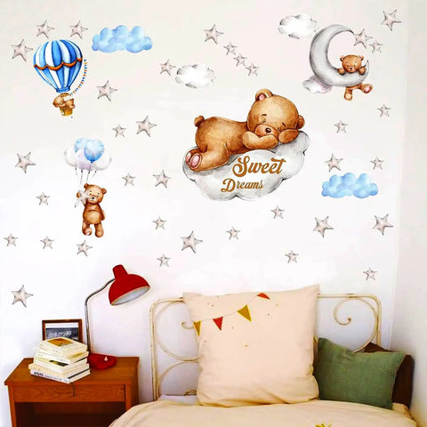 Moon And Stars Sleeping Bear Wall Stickers Set For Nursery Decor Cozy Baby Room With Dreamy Hot Air Balloon Night Sky Theme Vinyl Peel And Stick Wall Decals