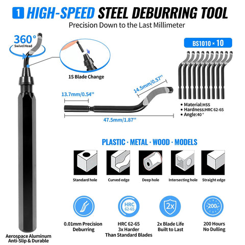68-Piece 3D Printer Tools Kit with Storage Case; black aerospace aluminum deburring tool and 10 HSS BS1010 wrenches