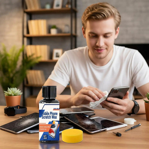 Person using Scratch Removal Kit For Screens And Glasses, 100Ml Repair Cream System on phone with other devices on desk