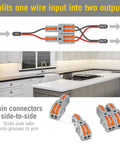 Hella Durable Modular Lever Wire Splitter Connectors For Quick Low Voltage Power Routing To Led Strips And Under Cabinet Install Smooth Operation Foolproof Grip Mechanism, shown splitting wires in a kitchen.