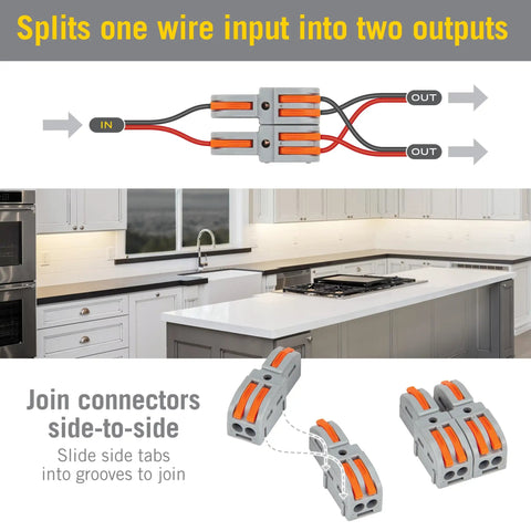 Hella Durable Modular Lever Wire Splitter Connectors For Quick Low Voltage Power Routing To Led Strips And Under Cabinet Install Smooth Operation Foolproof Grip Mechanism, shown splitting wires in a kitchen.