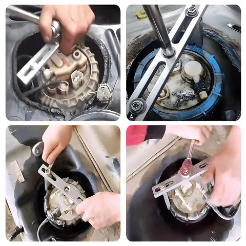 Collage of hands using Beefy Fuel Pump Removal Tool For SUVs Trucks And Cars Adjustable Lock Ring Spanner on fuel tank covers
