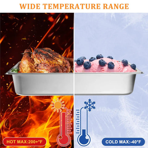 4 Pack Full Size Hotel Pans 1/1 Deep 4 Inch Heavy Duty Stainless Steel Food Pans showing hot and cold temperature uses