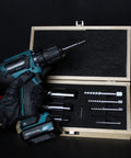 Jumbo Spiral Flute Bolt And Screw Extractor Set 9 Piece With Square Shank Reverse Bit shown with drill and wood case open