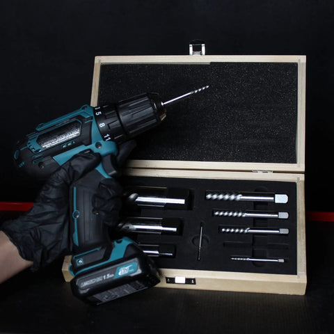 Jumbo Spiral Flute Bolt And Screw Extractor Set 9 Piece With Square Shank Reverse Bit shown with drill and wood case open