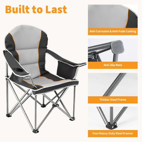 Oversized Folding Camping Chair For Adults With Cup Holders Portable Outdoor Collapsible Seat Beefy 500 Lbs Capacity Built For Lawn Fishing Hiking Black, showcasing anti-slip mats and steel frame.