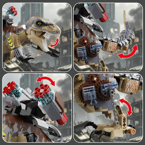725 Piece Mechanical Dinosaur Attack Set With Tyrannosaurus Rex, Pterosaur And Off Road Vehicle In A Dino Park World Build Kit For Ages 6 To 14 And A Great Birthday Gift For Boys And Girls, T-Rex close-up