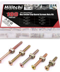 100-Piece M6 Zinc Plated Crib Screws Kit with hex drive socket cap barrel screws and nuts, displayed with packaging and various sizes.