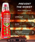 StaySafe All-In-One Portable Fire Extinguisher with Signature Fire Blanket in front of a burning stovetop, packaging highlights.
