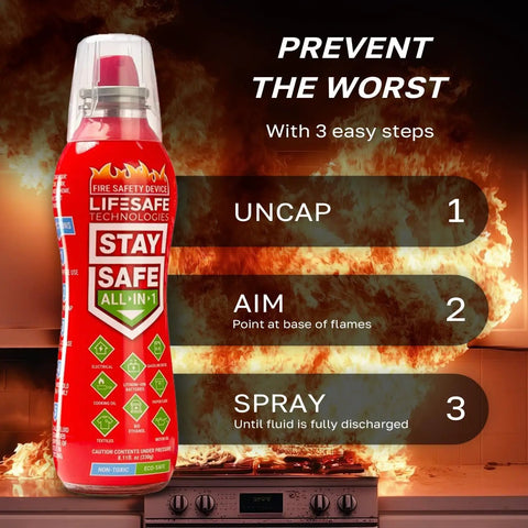 StaySafe All-In-One Portable Fire Extinguisher with Signature Fire Blanket in front of a burning stovetop, packaging highlights.
