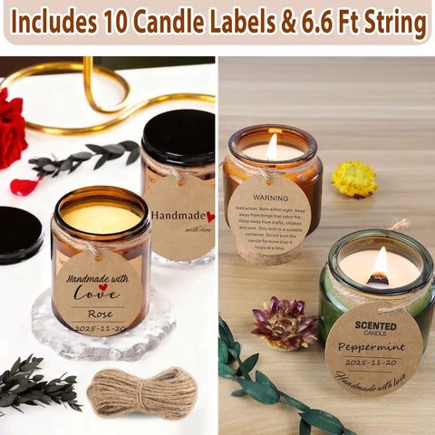 Candle Making Starter Kit With 130 Pieces Wicks And Full Tool Set For DIY Soy And Beeswax Candles showcasing labeled candles.